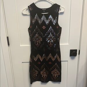 Express Black and Gold Sequin Sheath Mini Dress